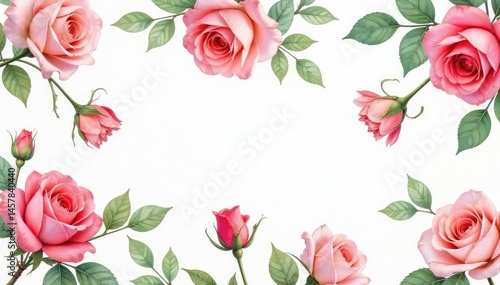 Delicate watercolor roses & leaves, repeating seamlessly , white, watercolor