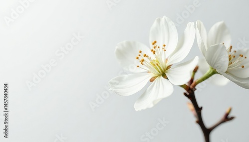 Delicate white blossom against pure white backdrop, still, detail