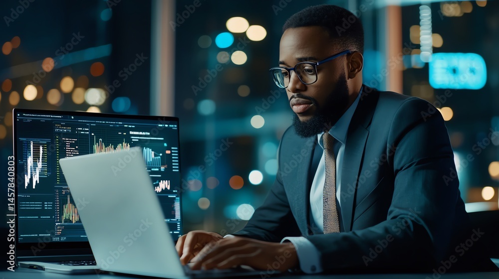 P&L Profit and Loss. CFO reviewing business document on laptop.