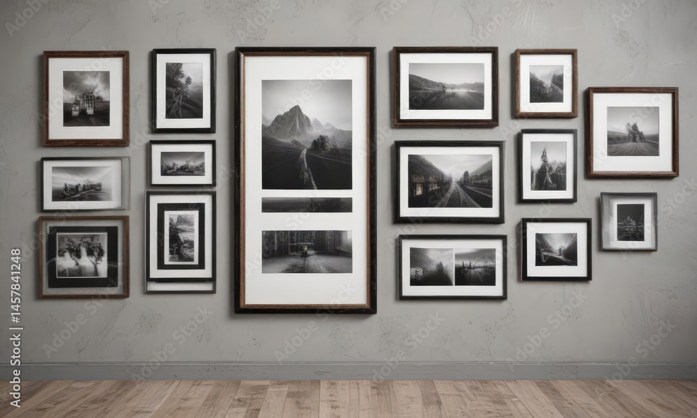 Fototapeta premium Modern gallery wall, diverse frame styles, customizable artwork mockups, picture frames, art, decor