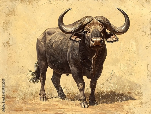Majestic African Cape Buffalo standing proudly in a natural grassy landscape with a warm, earthy background, showcasing strength, wilderness, and wildlife beauty