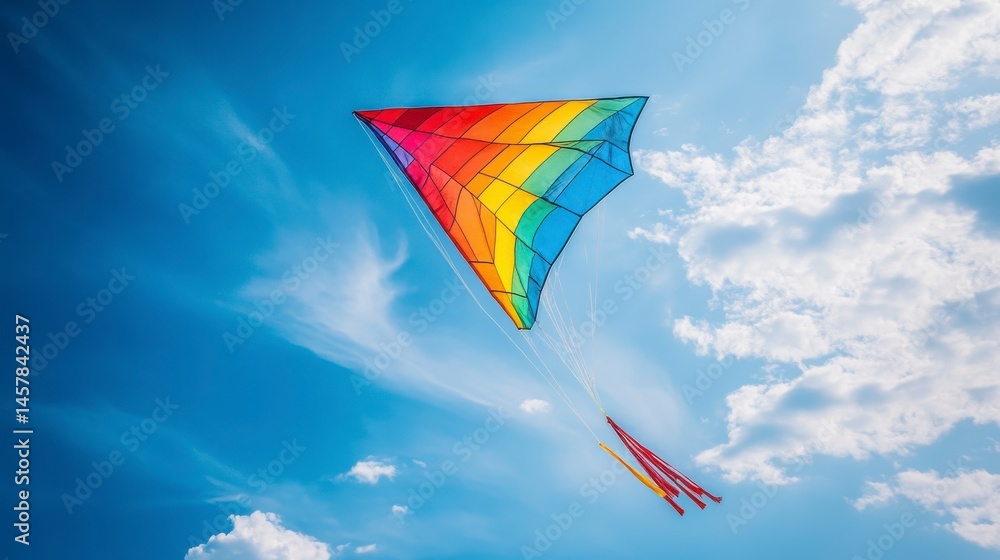 Colorful Rainbow Kite Flying High in a Clear Blue Sky Colorful Rainbow Kite Flying High in a Clear Blue Sky
