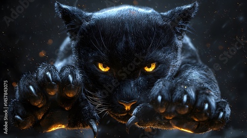 Intense black panther feline with piercing yellow eyes stalking forward through dark shadows with claws extended, fierce predator ready to strike in night scene