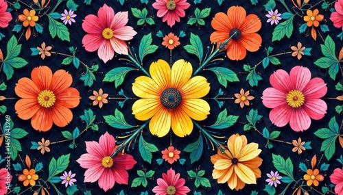 Intricate floral motifs within a bold geometric grid , trendy, image