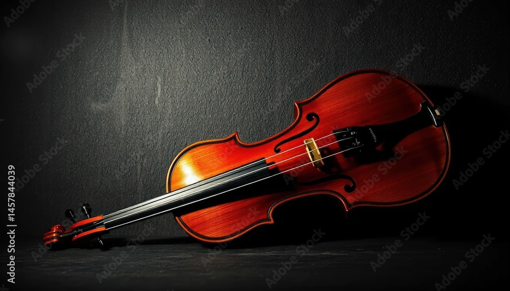 Fototapeta premium A lone violin rests elegantly against a textured wall