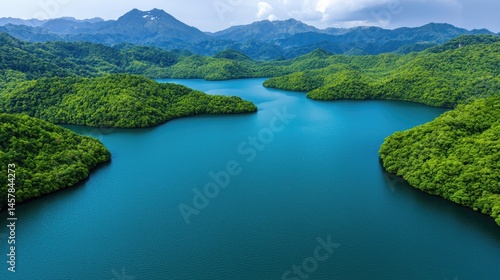 Lush Green Hills Surrounding Tranquil Blue Lake Under Clear Sky