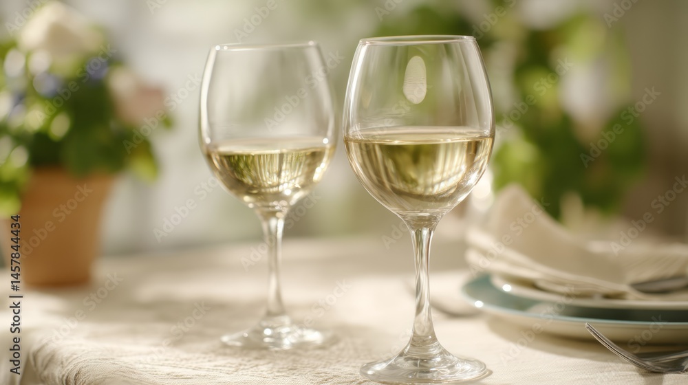 Two wine glasses with white wine on an elegant table; a moment of refined relaxation and simple luxury.
Two wine glasses with white wine on an elegant table; a moment of refined relaxation and simple luxury.