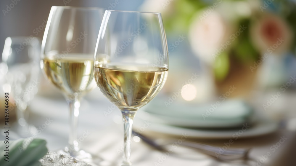 Two wine glasses with white wine on an elegant table; a moment of refined relaxation and simple luxury.
Two wine glasses with white wine on an elegant table; a moment of refined relaxation and simple luxury.
