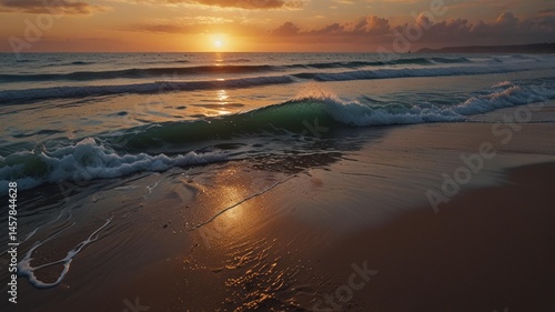 Wallpaper Mural Golden sunset paints the beach and sea with orange hues as gentle waves kiss the shore Torontodigital.ca