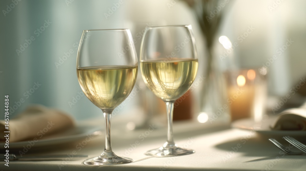 Two wine glasses with white wine on an elegant table; a moment of refined relaxation and simple luxury.
Two wine glasses with white wine on an elegant table; a moment of refined relaxation and simple luxury.