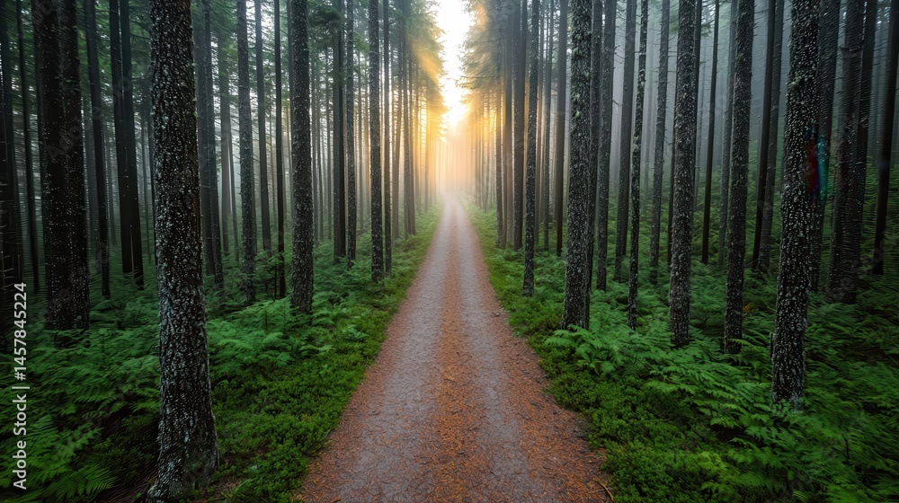 Obraz premium Serene Forest Pathway Emerging Through Mist and Sunlight Rays