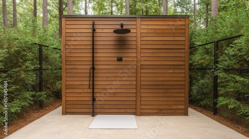 Outdoor Wooden Shower in Tranquil Forest Setting with Greenery
