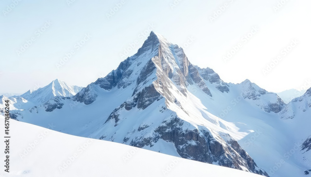 Snow-covered mountain peak, pristine white background, travel, calm, nature Snow-covered mountain peak, pristine white background, travel, calm, nature