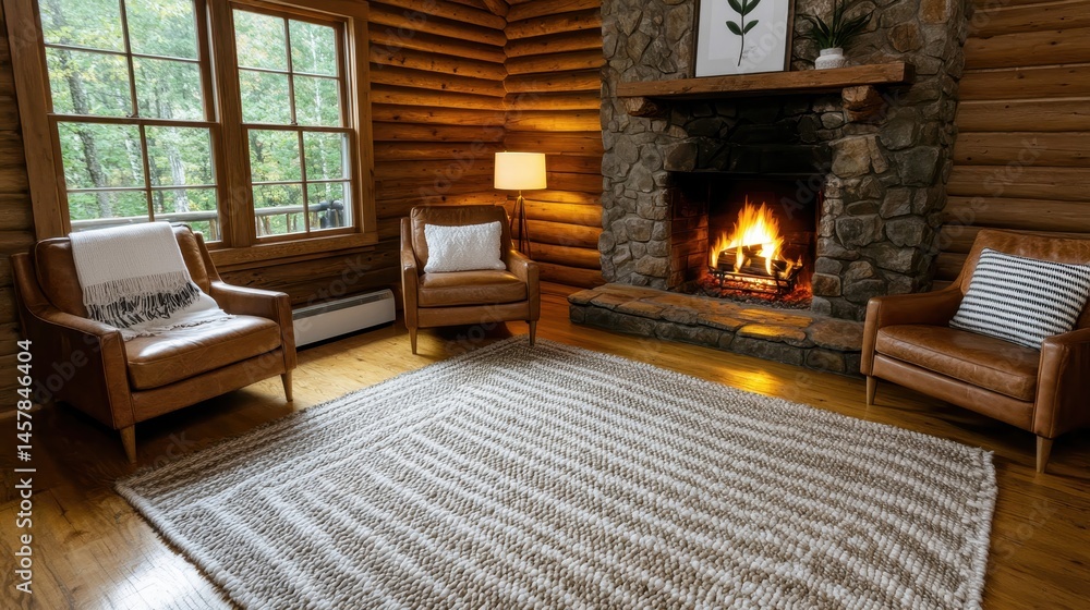 Fototapeta premium Cozy Cabin Living Room with Stone Fireplace and Natural Wood Accents