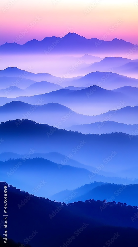 Obraz premium Serene Blue Mountains at Dawn A Stunning Landscape Panorama of Misty Peaks