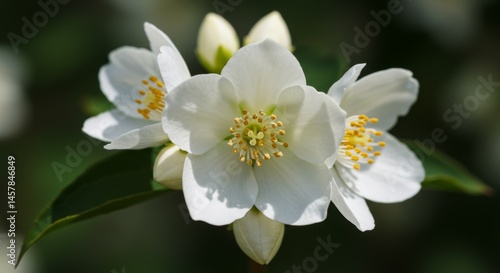 Closeup of White Jasmine Flowers with Green Leaves
