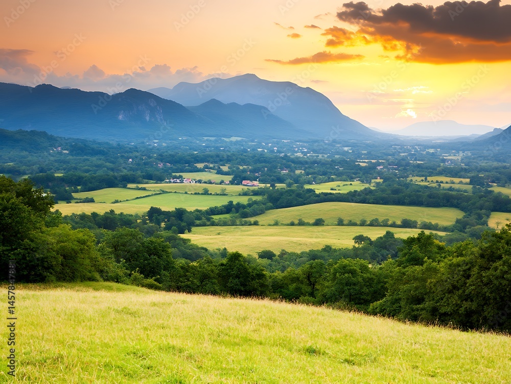 Fototapeta premium Serene Sunset Landscape Picturesque Valley View with Rolling Hills and Lush Green Fields