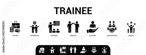 Trainee banner web icon vector illustration concept for internship training and learning program apprenticeship with an icon of intern, apprentice, training, mentor, support, cooperation, and improve