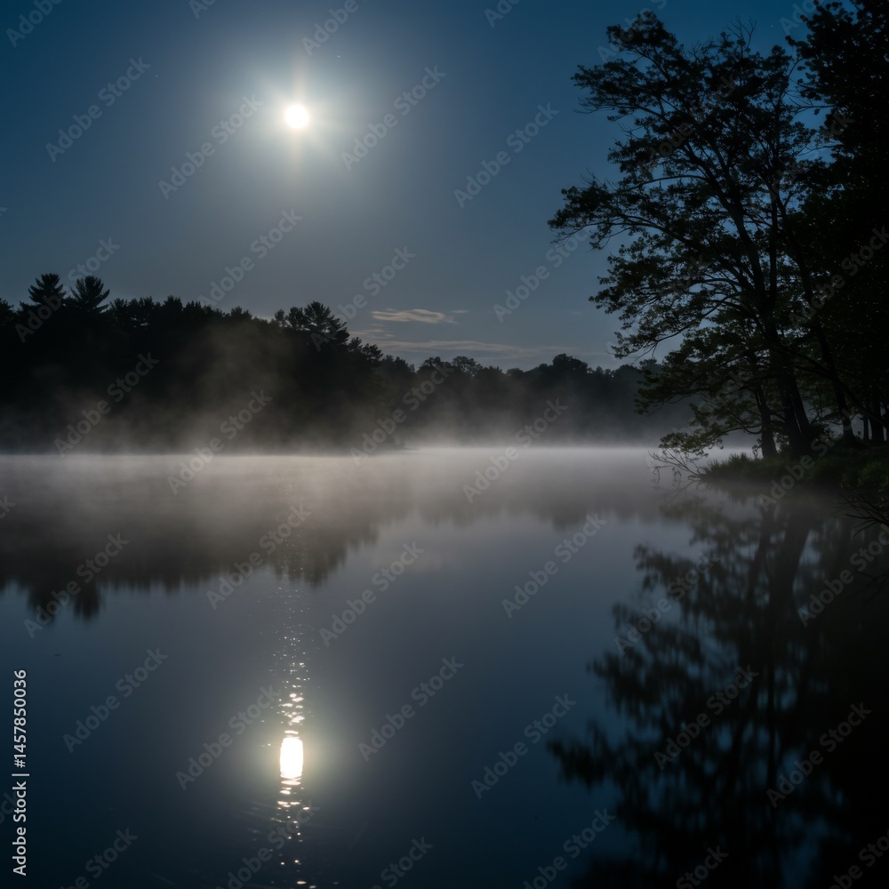 Fototapeta premium Full Moon over Misty Lake at Night