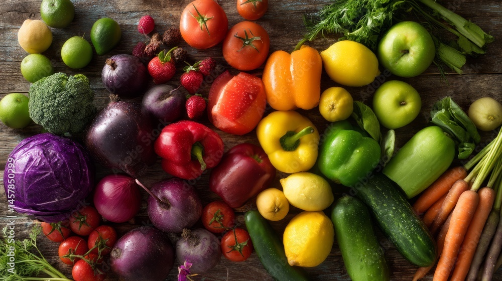Fresh fruits and vegetables arranged on a wooden table, showcasing nature's vibrant colors and healthy abundance.
Fresh fruits and vegetables arranged on a wooden table, showcasing nature's vibrant colors and healthy abundance.