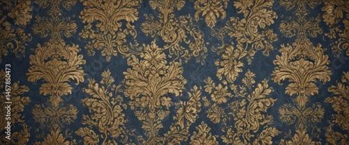 Intricate gold & blue damask floral wallpaper pattern, leaves, background, repeating