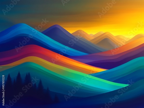 Vibrant Sunset over Colorful Rolling Hills Landscape Artistic Illustration