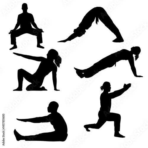 These are the silhouettes of six different yoga exercise movements.