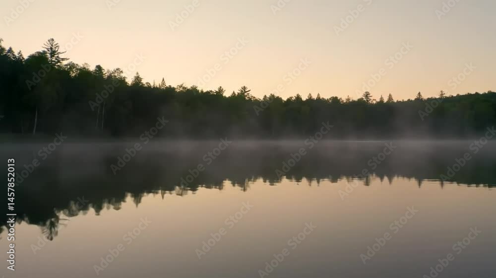 Lake Reflecting Forest at Dawn in Calm Waters and Morning Mist Lake Reflecting Forest at Dawn in Calm Waters and Morning Mist