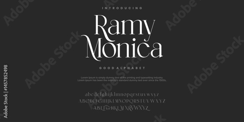 Ramy Monica Elegant Font Uppercase Lowercase And Number. Classic Lettering Minimal Fashion Designs. Typography modern serif fonts regular decorative vintage concept. vector illustration
