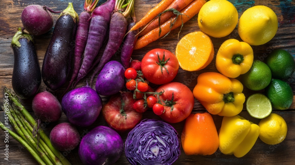 Fresh fruits and vegetables arranged on a wooden table, showcasing nature's vibrant colors and healthy abundance.
Fresh fruits and vegetables arranged on a wooden table, showcasing nature's vibrant colors and healthy abundance.