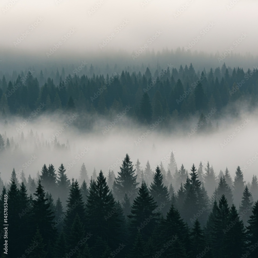 Obraz premium Misty Mountain Forest Landscape with Fog and Dense Trees