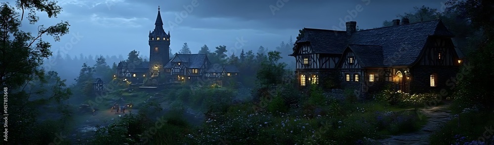 Obraz premium Dusk village, tower, forest. Fantasy game