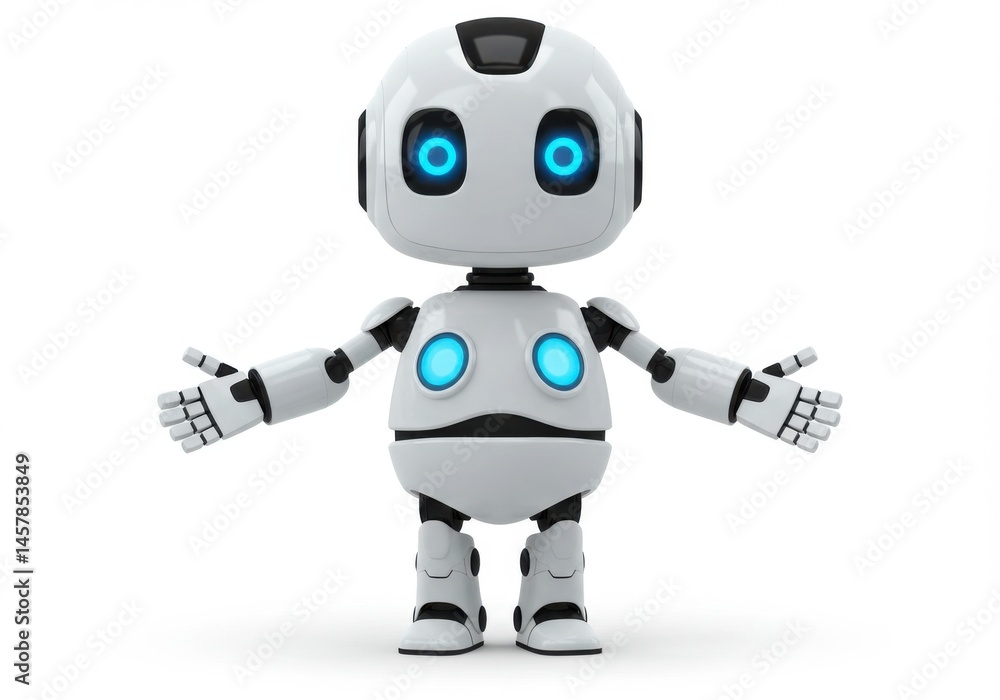 White robot with glowing blue eyes and chest lights open isolated on white background White robot with glowing blue eyes and chest lights open isolated on white background