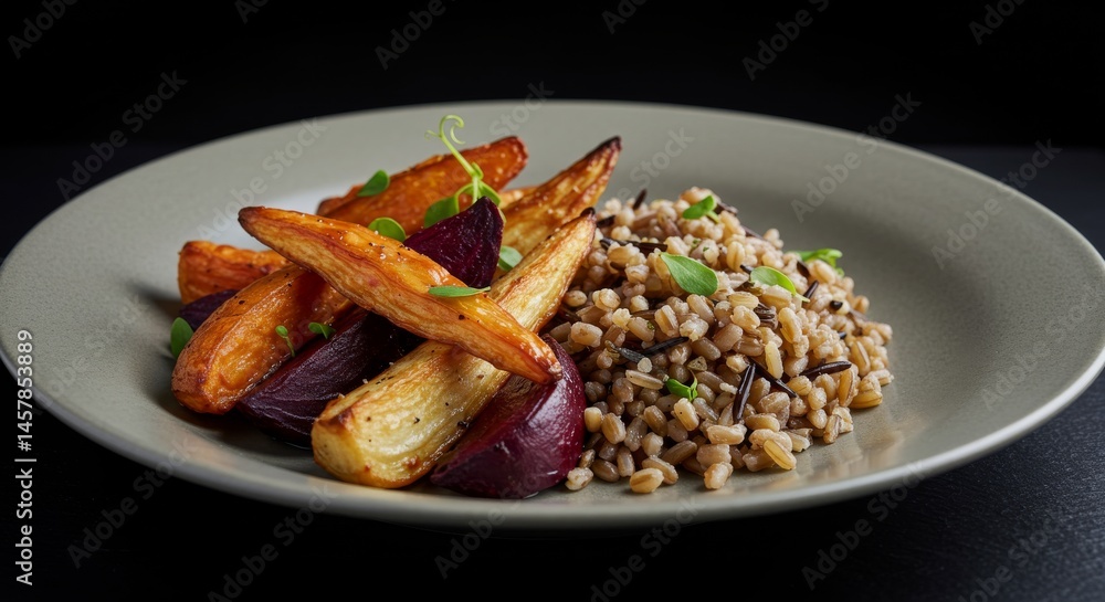 A Dish with Roasted Root Vegetables and Wild Rice Pilaf, plated beautifully A Dish with Roasted Root Vegetables and Wild Rice Pilaf, plated beautifully
