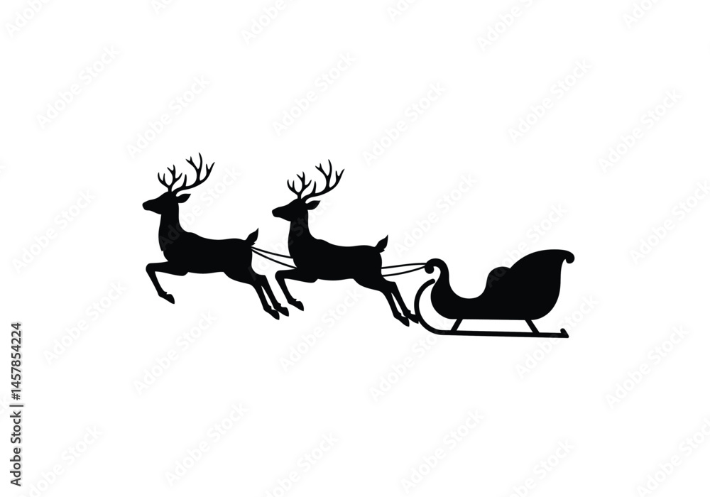 Fototapeta premium Reindeer sleigh silhouette. This image depicts a black silhouette of a reindeer pulling a sleigh, symbolizing holiday spirit, magical tradition, and winter celebration. clipart illustration design.