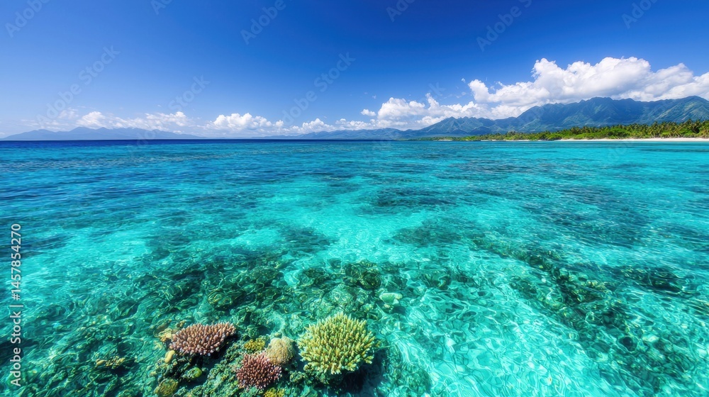 Vibrant Coral Reef and Clear Turquoise Ocean Under Blue Sky Vibrant Coral Reef and Clear Turquoise Ocean Under Blue Sky
