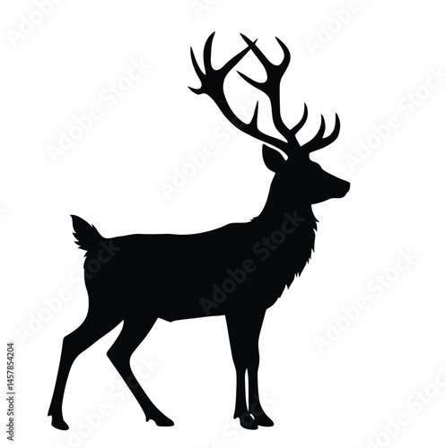 Reindeer silhouette. This image depicts a black silhouette of a reindeer standing gracefully, showcasing its impressive antlers and strong, elegant presence. Vector clipart illustration design.