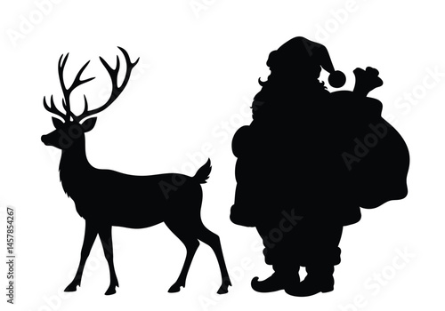 Santa and reindeer silhouette. This image shows Santa Claus flying in his sleigh pulled by reindeer, a classic Christmas scene. Vector clipart illustration design.