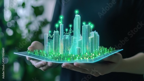 Fototapeta Naklejka Na Ścianę i Meble -  Green city on digital display urban sustainability