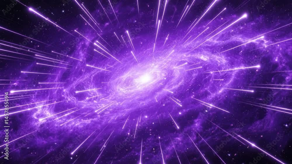 A purple galaxy with glowing streaks of light emanating from its center in a dark space scene A purple galaxy with glowing streaks of light emanating from its center in a dark space scene