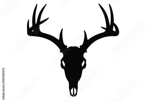 Buck skull silhouette. This image depicts a black silhouette of a buck skull with large antlers, symbolizing wildlife, hunting, and rustic strength. Vector clipart illustration design.