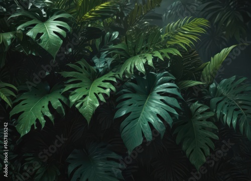 Deep shadows on vibrant jungle leaves, opulent, dark green tones, wallpaper, lush