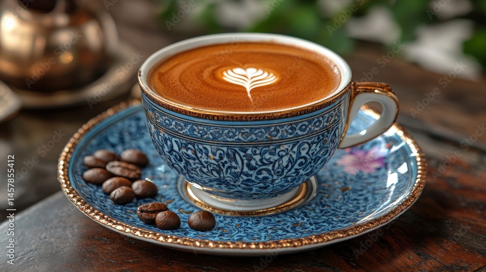 Artisan latte art in an ornate blue and gold cup with scattered coffee beans, dark wood setting Artisan latte art in an ornate blue and gold cup with scattered coffee beans, dark wood setting
