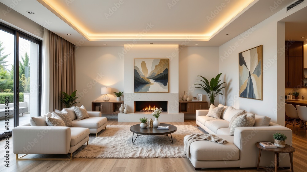 Modern elegant living room with fireplace, abstract art, comfortable furniture, and natural light creating a cozy atmosphere Modern elegant living room with fireplace, abstract art, comfortable furniture, and natural light creating a cozy atmosphere