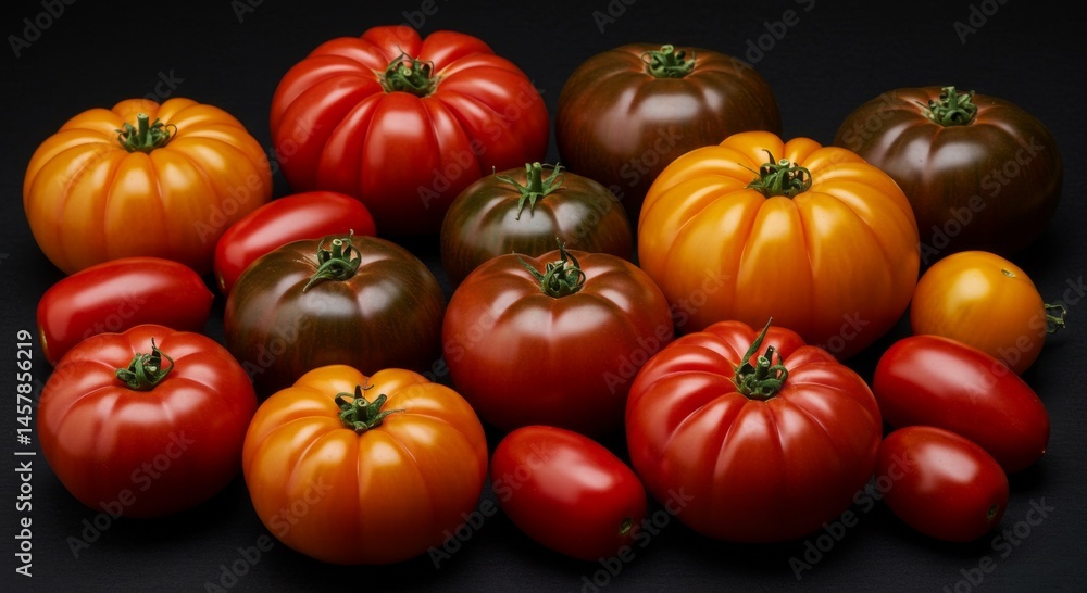 Colorful Heirloom Tomatoes on Dark Background Colorful Heirloom Tomatoes on Dark Background