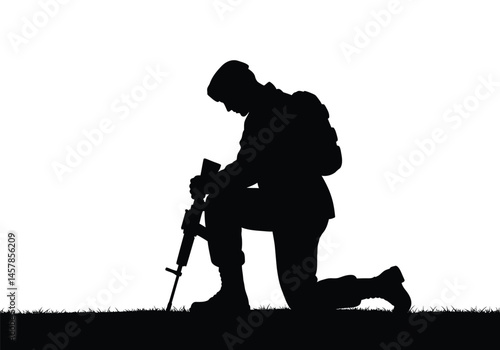 Kneeling soldier silhouette. The image shows a silhouette of a soldier descending with a parachute, also known as a skydiver or airborne trooper. Vector clipart illustration design.