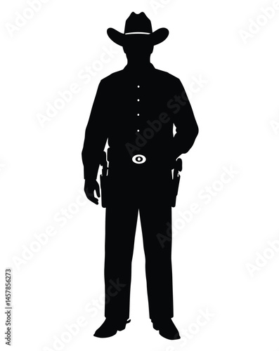 Sheriff silhouette. This image features a black silhouette of a sheriff with distinct cowboy elements, symbolizing law, order, and authority. Vector clipart illustration design.