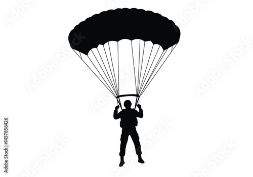 Airborne paratrooper silhouette. This image depicts a black silhouette of a paratrooper descending with a parachute, showcasing the canopy, harness, and lines. Vector clipart illustration design.