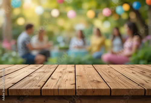Empty wooden table with blurred party on background,  fun / spring concept. 3d rendering.