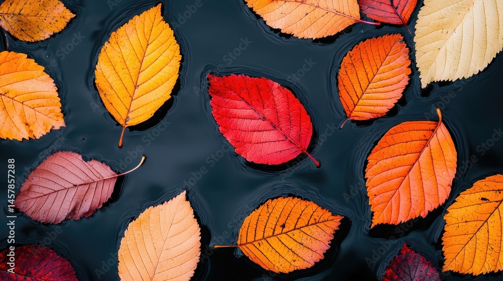 Obraz premium Colorful Autumn Leaves Floating on Calm Dark Water Surface